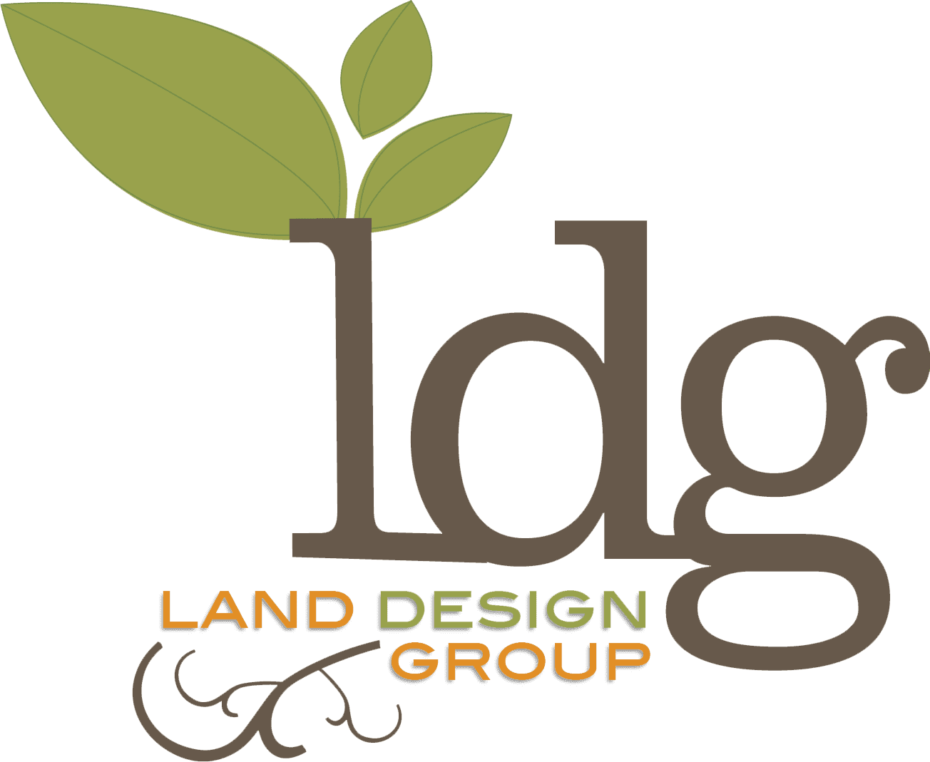 Logo for Land Design Group with the initials "ldg" and a leaf design. The text "LAND DESIGN GROUP" is written below in orange and yellow capital letters.